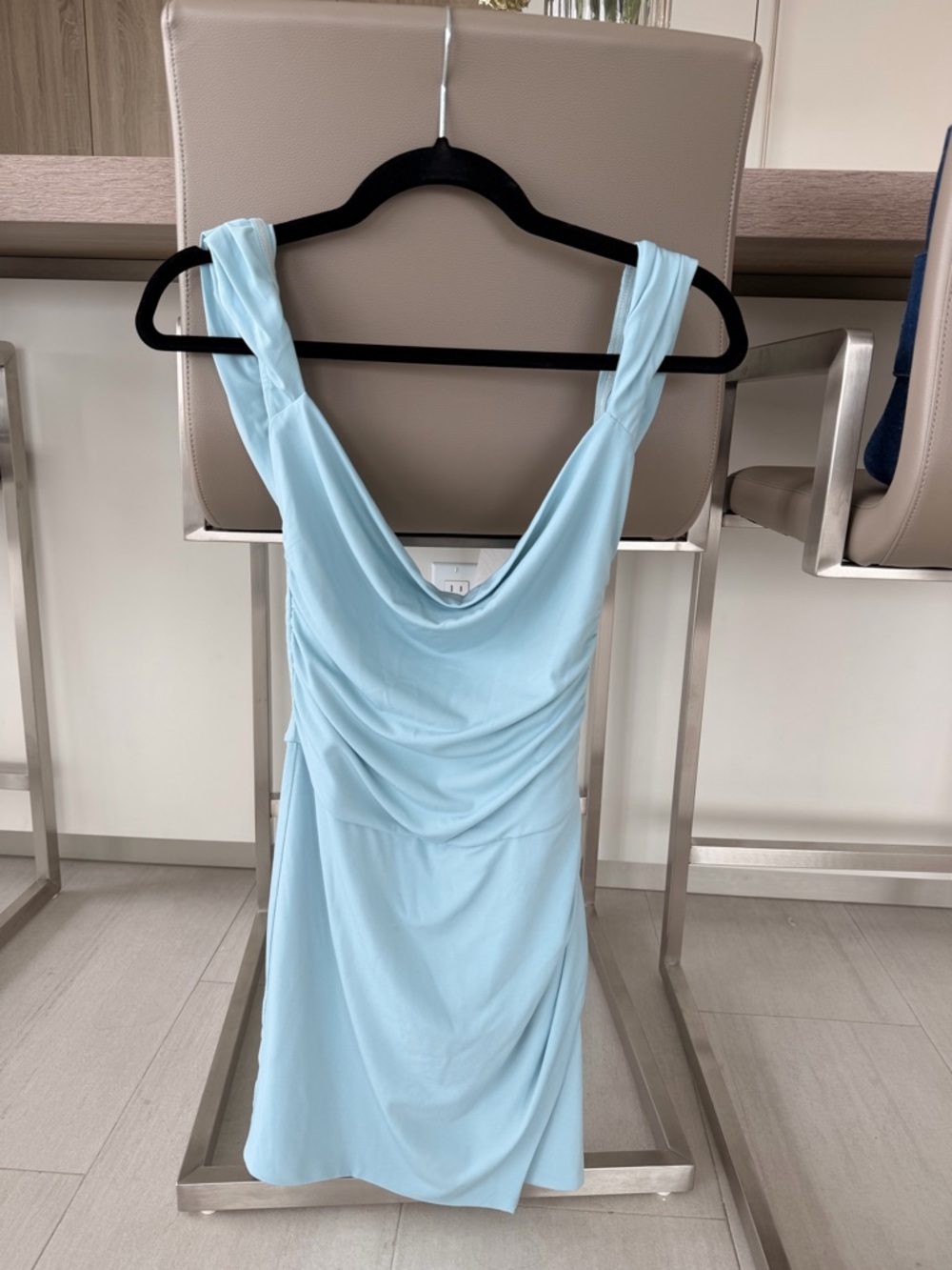 Tiger Mist Pale Blue Draped Backless Mini Dress
